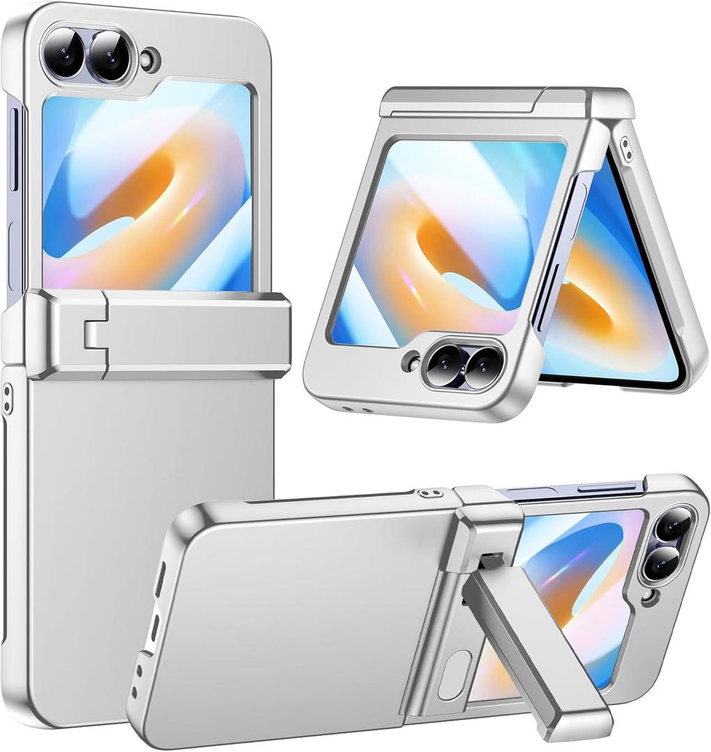 Temdan for Samsung Galaxy Z Flip 6 Case/Z Flip7 FE Case with [Built-in Front Screen Protector] [Kickstand][Hinge Protection][Hard PC] Ultra-Thin Shockproof Protective Phone Case-Silver