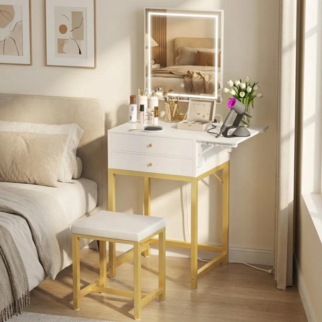 Small Makeup Vanity Desk with Lights - White Girls Vanity Set with Mirror and Chair, Make Up Dresser Table with Drawers and Power Outlet for Bedroom Small Space, Gold