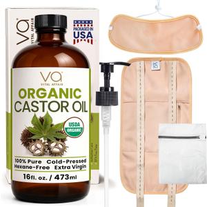 Castor Oil Pack Wrap Kit USDA Organic, 16 oz Cold-Pressed Hexane-Free Castor Oil in Glass Bottle | Adjustable Cotton Flannel Waist & Neck Wraps | Made in USA | Liver, Abdominal & Detox Therapy