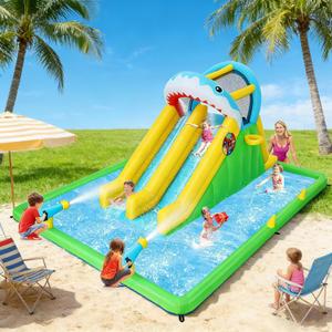 Inflatable Water Bounce House for Kids 3-12 Years, Shark Attack Fun Zone - 8-in-1 Playset with Dual Water Slides, Ball Pit & Games | Ultimate Outdoor Fun