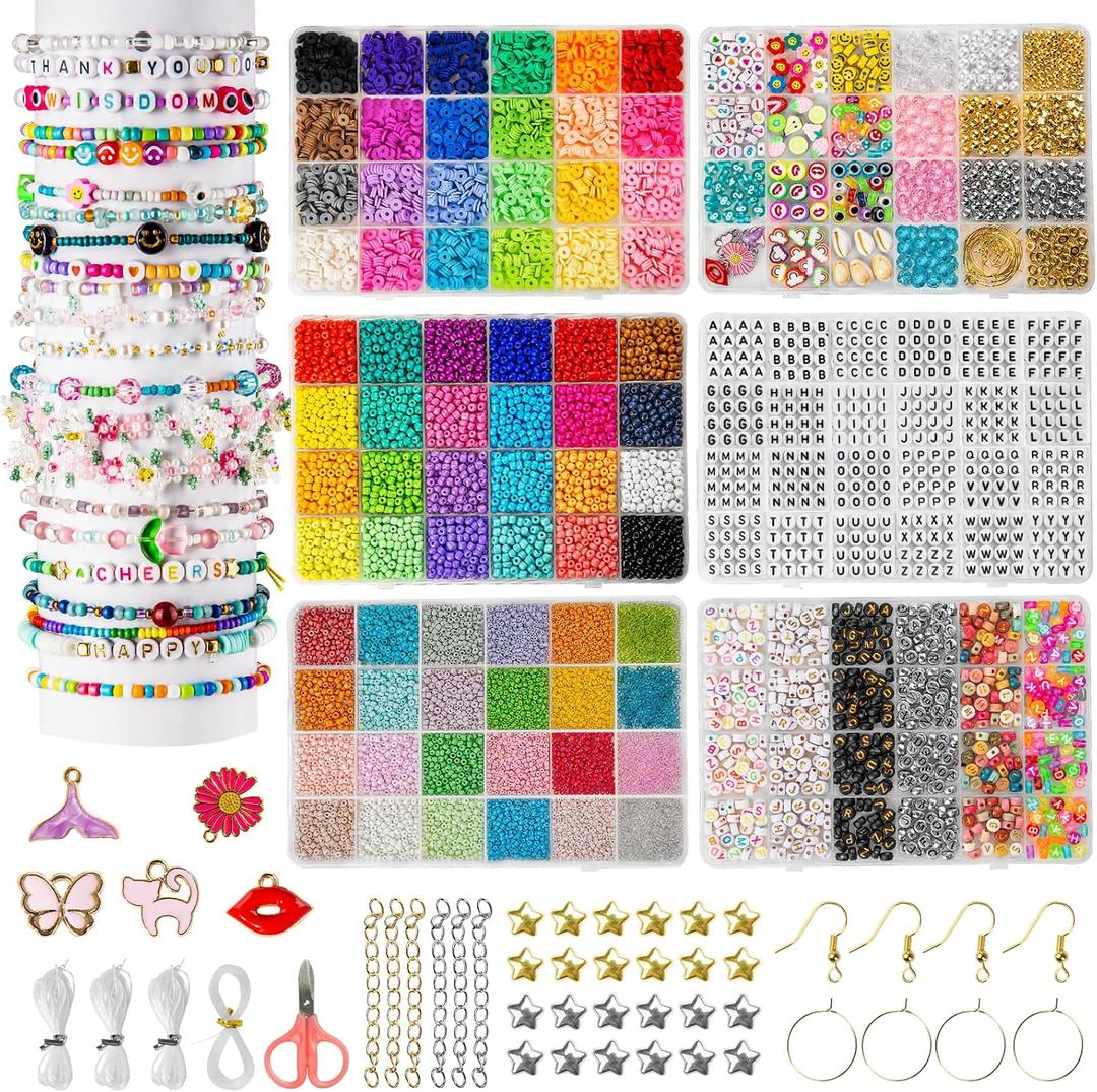 Goldwise Friendship Bracelet Kit, 16000 pcs with Seed Beads (2/3/4mm), Clay Beads, 7 Styles Letter Beads (A-Z), Variety of Charms, DIY Jewelry Making Crafts