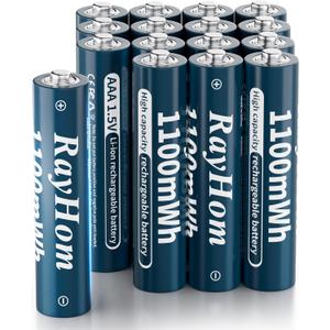 16 Pack AAA Lithium Rechargeable Batteries, 1100mWh High Capacity, 1.5V Constant Output, 1600+ Cycles