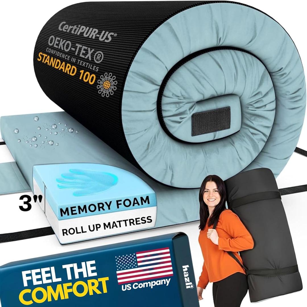 Hazli Matrix AirCell Memory Foam Camping Mattress Pad - CertiPUR-US Roll Up Mattress for Adults - Portable Foam Sleeping Mats for Camping - Camp Cot Sleeping Pad - Floor Sleep Mat Bed Roll for Car RV (Kids 64 X 26 X 3, Blue)
