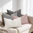 White/Grey/Pink Throw Pillow Covers 12x20 Set of 4, Boho Soft Chenille Lumbar Decorative Pillows Cover for Bed, Living Room Home Decor, Solid Textured Rectangle Cushion Cover (Neutral Set)