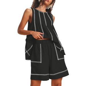 Women's Summer 2 Piece Shorts Set Sleeveless Elastic Waist Shorts with Pockets,  Large