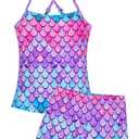 Girls Swimsuit Size 7-8 Years Old Colorful Scale Two Piece Swimsuit Tankini Sets Swimwear with UPF 50+ Sun Protection (Pink)