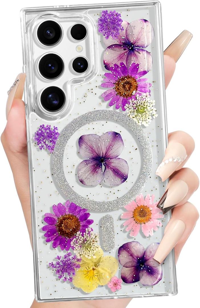 Loheckle for Samsung Galaxy S24 Ultra Case for Women - Compatible with MagSafe Girls Cute Glitter Flower Floral Girly Aesthetic Sparkle Unique Handmade Phone Cover for Galaxy S24 Ultra 6.8",Purple