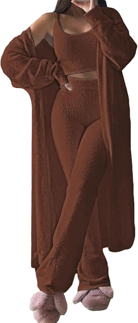 TOLENY Women's Fuzzy 3 Piece Lounge Sets Sweatsuits Open Front Cardigan Crop Tank Tops Wide Legs Pants Outfits (01 - Chocolate), LArge