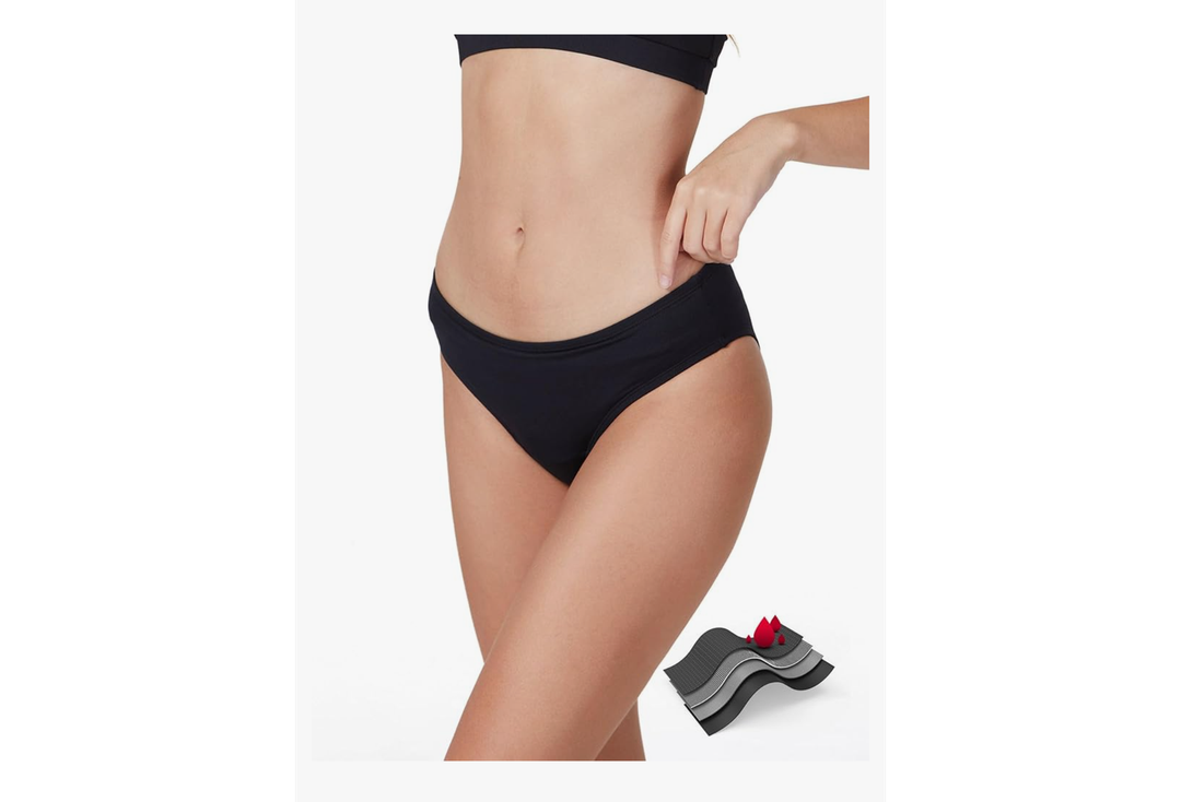 Period Swimwear-Menstrual Swimwear Bikini Bottoms-Black Mid Waisted Leakproof Swim Bottoms for Teens, Girls, Women size Small