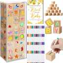 Tenceur 104 Pcs Baby Shower Game Sign Set Baby Shower Blocks to Decorate 54 DIY Blank Wooden Block 48 Watercolor Markers with Acrylic Box Set for Games Gender Reveals Party Supplies(Bee)