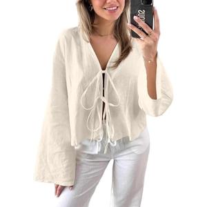 Chvity Tie Front Tops for Women Y2K Linen Shirts Flare Sleeve V Neck Going Out Coquette Clothes Casual Lace Up Bow Blouses (Beige, S)