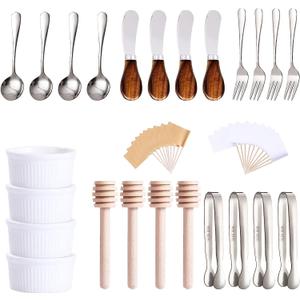 Charcuterie Accessories(25 Psc), Cheese Spreaders For Charcuterie Board, Mini Serving Spoons, Blank Toothpick Flags, Bowl For Christmas Pastry Making, forks And Mini Serving Tongs (Silver-Wooden Handle)