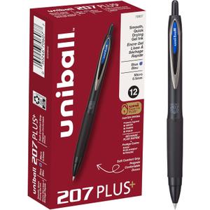 Uniball 207 Plus+ Retractable Gel Pens, Micro Point (0.5mm), Blue, 12 Pack