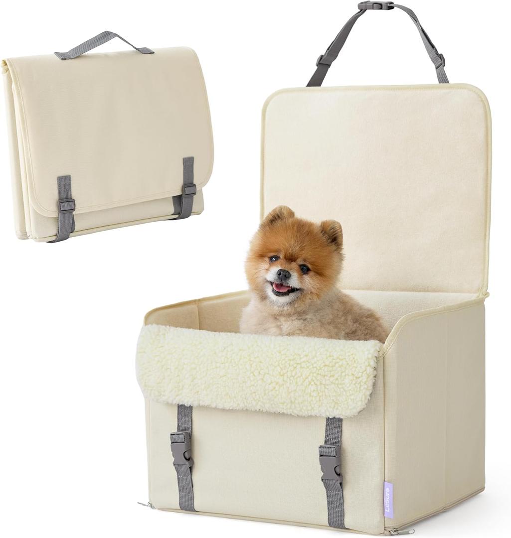 Lesure Dog Car Seat for Small Dogs, Foldable Pet Car Seat with Clip-On Safety Leash, Waterproof Puppy Booster Car Seat for Small Pets Under 25lbs, Portable Doggie Travel Carrier Bed, Light Ivory