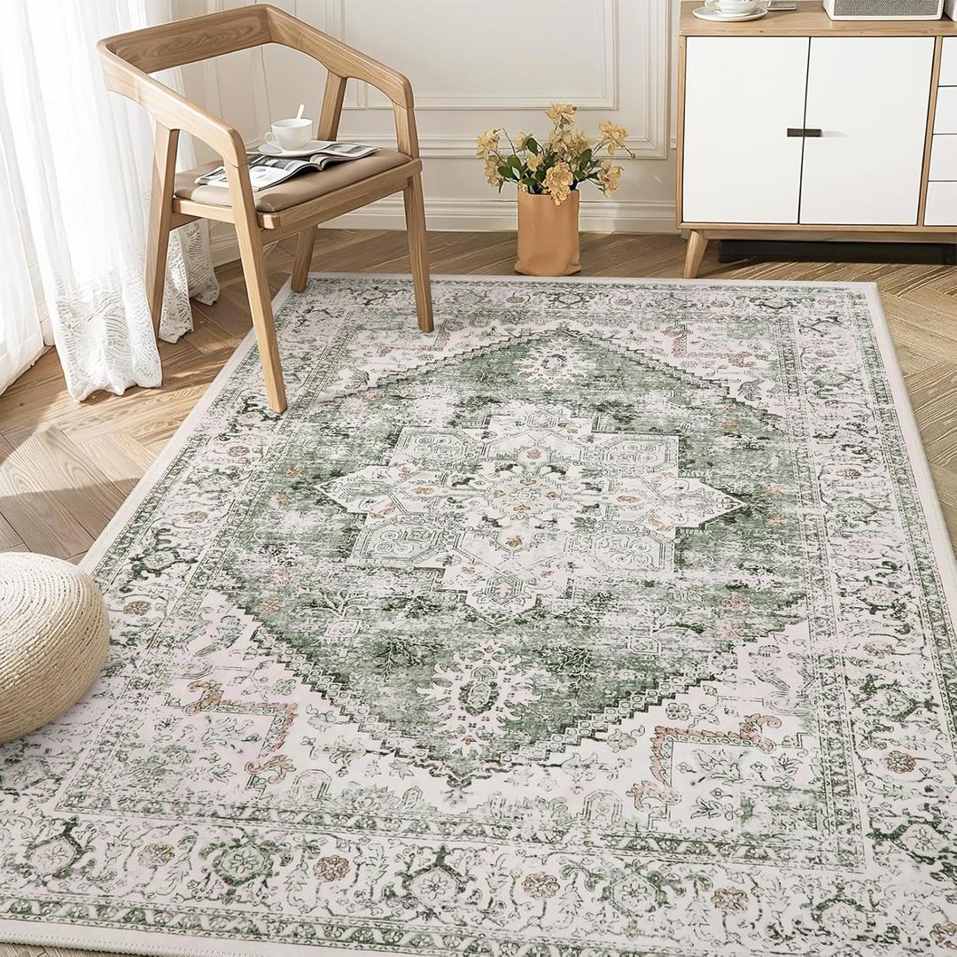 LIVEBOX Washable Area Rug 4x6 Vintage Tribal Bedroom Rugs Vintage Low-Pile Indoor Rug for Living Room, Non-Slip Retro Carpet Print Distressed Accent Carpet for Kitchen Entryway Office Camper, Sage