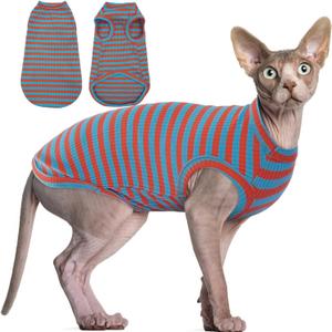 BRKURLEG Hairless Cats T Shirt, Cat Sweaters, Pullover Kitten Shirts, Sleeveless Round Collar Cotton Vest for Cornish Rex Devon Rex Peterbald and Small Dogs Sweater(OrangeBlue Stripes, Large)