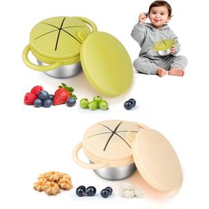 2 Pack Stainless Steel Snack Cups for Toddlers Spill Proof, Toddler Snack Containers with Spill-Proof Silicone Lids & Handles, Dishwasher Safe Perfect for Mess-Free Snacking (Yellow+ Beige)