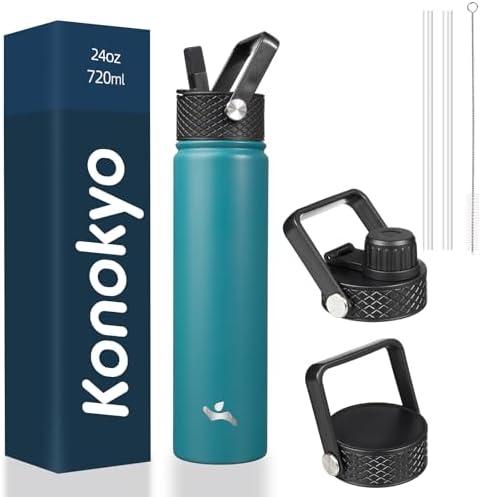 Konokyo Insulated Water Bottle 24oz Stainless Steel Sport Bottles with 3 Lids,Light Blue
