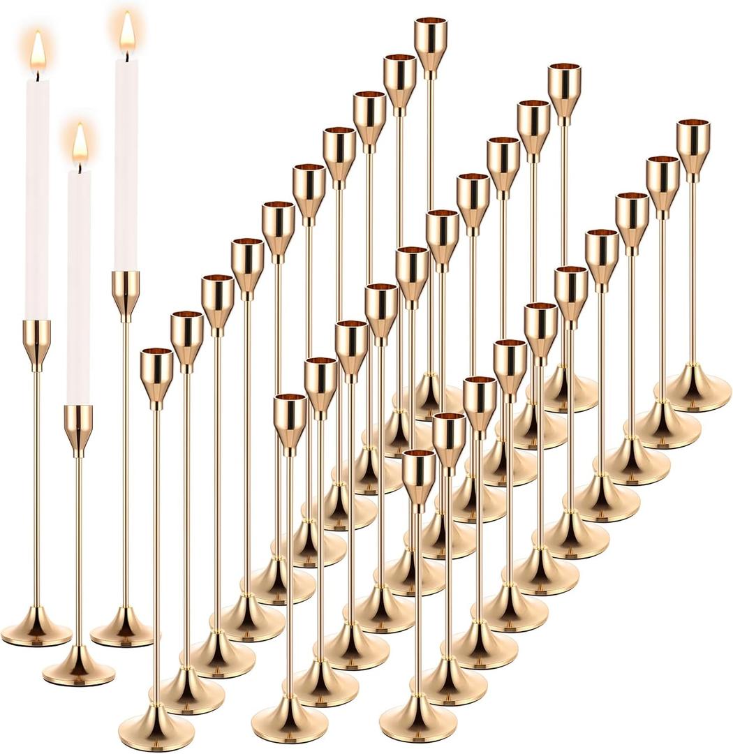 Mumufy 30 Pcs Candle Holders Taper Candlestick Metal Tall Candle Holders Table Centerpieces for Wedding Party Home Decorations, Fits 3/4'' Thick(Gold)