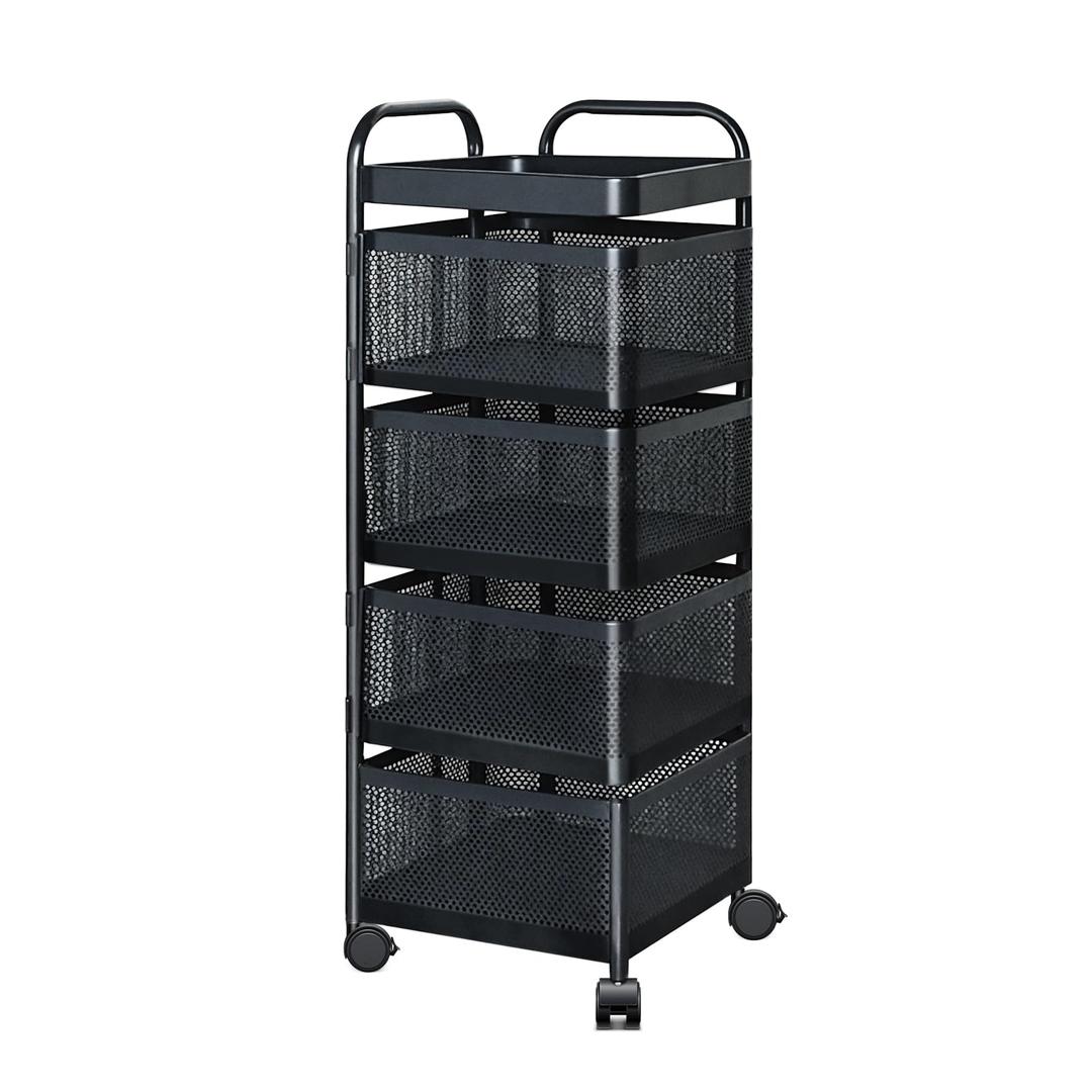 TAGEPOR Rotating Kitchen Storage Rack, 4 Tier Rolling Cart with Fruit and Vegetable Basket, Black Storage Organization Dolly Cart with Wheels for Bathroom, Kitchen and Bedroom