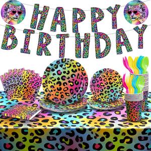 Zonon Cheetah Birthday Decorations Tableware Set Neon Rainbow Leopard Birthday Party Decorations Include Banner, Plates, Napkins, and Tablecloth Etc, for Rainbow Leopard Party Supplies