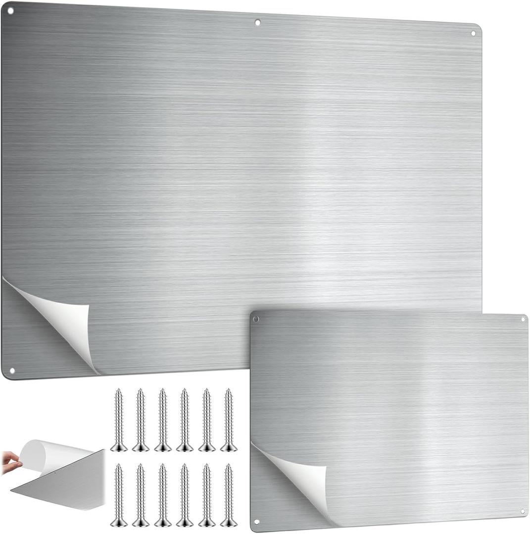 MorningRo 2 Pack Magnetic Board for Wall for Magnets 17.5" x 11.5" and 9.5"x 6.5" Stainless Iron Plate with Back Adhesive Mounting Screws for Bulletin Board Magnets Spice Jar Wall Fridge Display