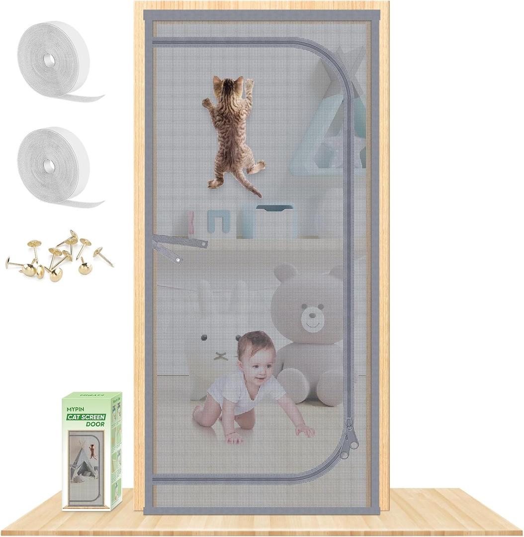 Reinforced Cat Screen Door, Fits Door Size 34''x 80'' Heavy Duty Pets Proof Screen Door with Bilateral Zipper, Prevent Dogs Cats Running Out from Home, Bedroom,Living Room, Kitchen