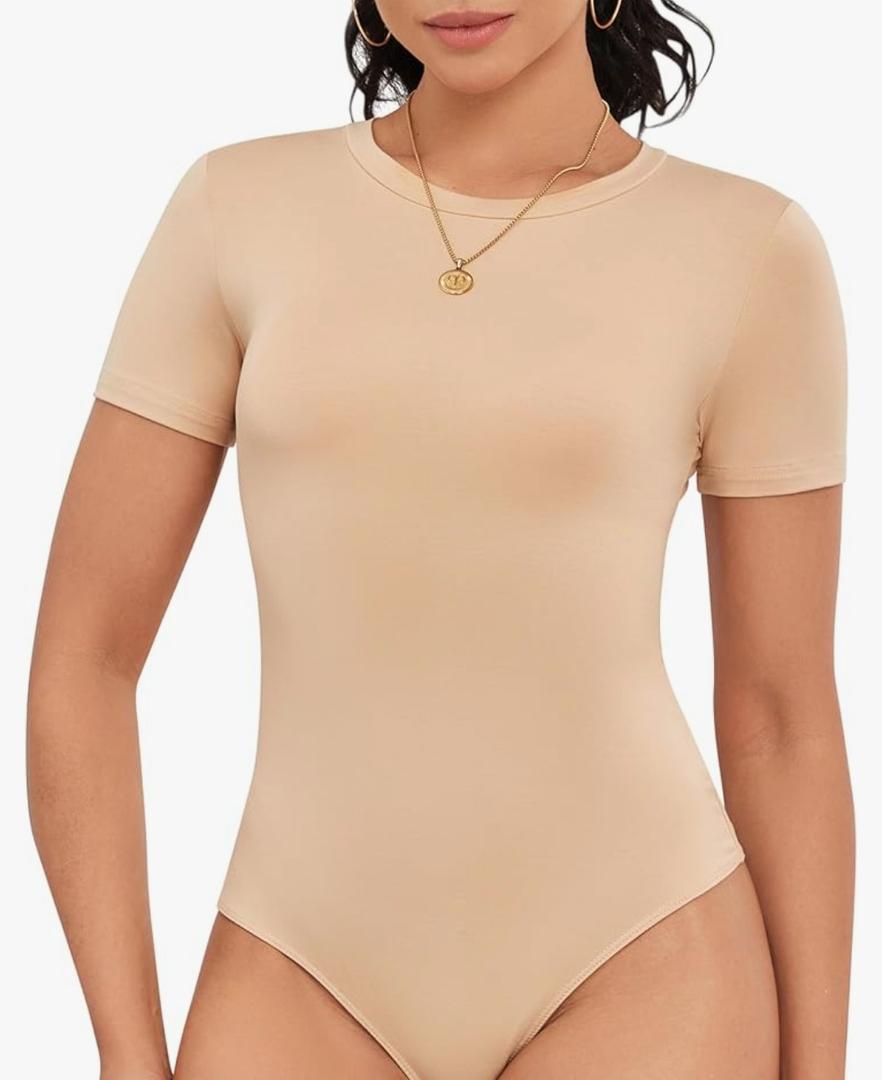 Cute Short Sleeve Tank Tops Bodysuit for Women Crew Neck Casual 2026 Summer Tops Size M