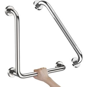 Polished Chrome L-Shaped Grab Bar 16x16 Inch + Knurled Shower Grab Rail 20 Inch, Zepolu Stainless Steel Angled Toilet Safety Bar, Bathroom Mobility Aid Handrail, Balance Support Assist Bar for Senior
