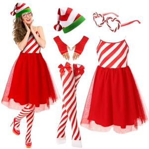 Toulite 5 Pcs Women Christmas Candy Cane Costume Santa Hat Tutu Dress Striped Tights Candy Glasses Gloves for Party(Large)