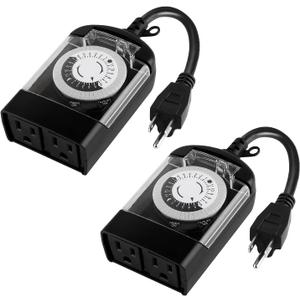 Outdoor Timer Outlet Waterproof, 24 Hour Mechanical Timer Outlet for Home and Garden, 2 Grounded, 15A 3/4HP, Black, 2 Pack