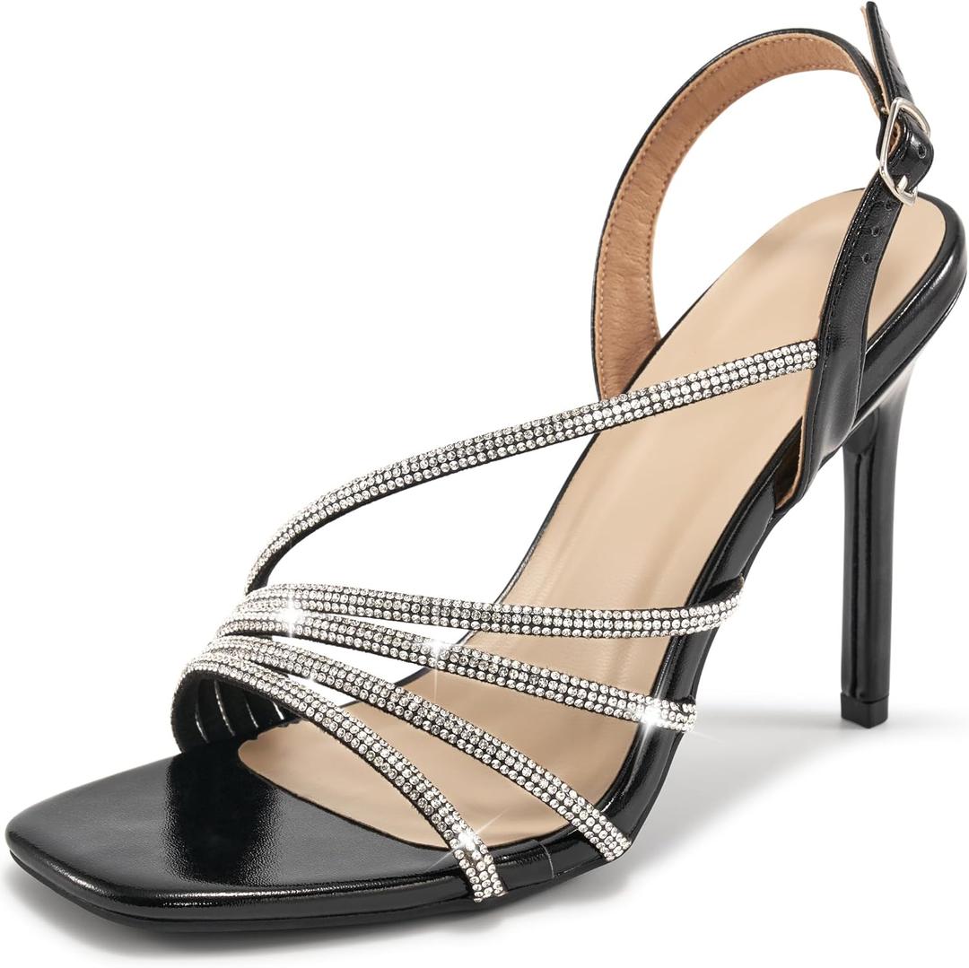 HARENCE Heels for Women Stilettos Sandals: Square Open Toe Strappy High Heeled Ankle Strap Rhinestone Dress Shoes for Wedding Prom Party Bridesmaid (Black)