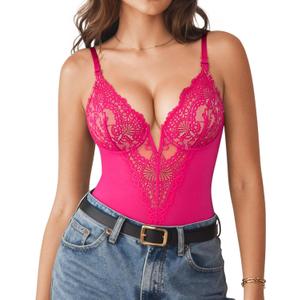 Popilush Shapewear Bodysuits for Women Lace Corset Tops Tummy Control V Neck Sleeveless Body Suit Thongs (X-Large, Pink)