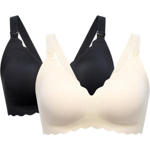 Momcozy Nursing Bras for Breastfeeding, Seamless Pregnancy Maternity Bra Wireless Classic Jelly Strip Support Nursing Bra (X-Large, 2 Pack-Black,Cream)