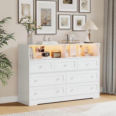 Garvee Dresser for Bedroom with Charging Station and LED Lights 7 Drawer Wooden LED Dresser with 2 Open Storage Cubbies Wide Chest of Drawer for Living Room Closet Kids Room White