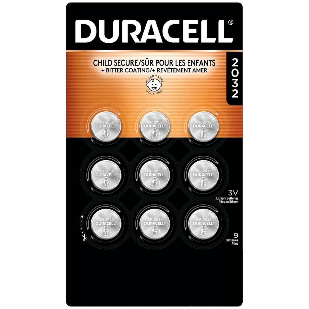 Duracell 2032 Lithium Battery, 9 Count (Pack of 1), Child Safety Features, Compatible with Key Fob, Tea Light Candles and Other Devices, CR2032 Battery