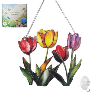 Tulip Sun Catcher Indoor Window Handmade Stained Glass Window Hanging Flowers for DecorationTulip Gifts for Women Mother Mom Grandma Friends Wall Art for Home Decor (Tulip, Medium)
