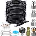 Sewer Jetter Kit for Pressure Washer 150FT, 5800PSI Drain Cleaner Hose 1/4 Inch NPT Corner, Rotating and Button Nose Sewer Jetting Nozzle Pearl Corsage Pin Waterproof Tape with 2 Spanner
