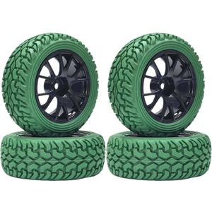 1:10 Rally Car Rubber Tires Tyre and Wheel Rim Set for 1/10 Scale HSP 94123 HPI Kyosho Tamiya RC On Road Car(Green)