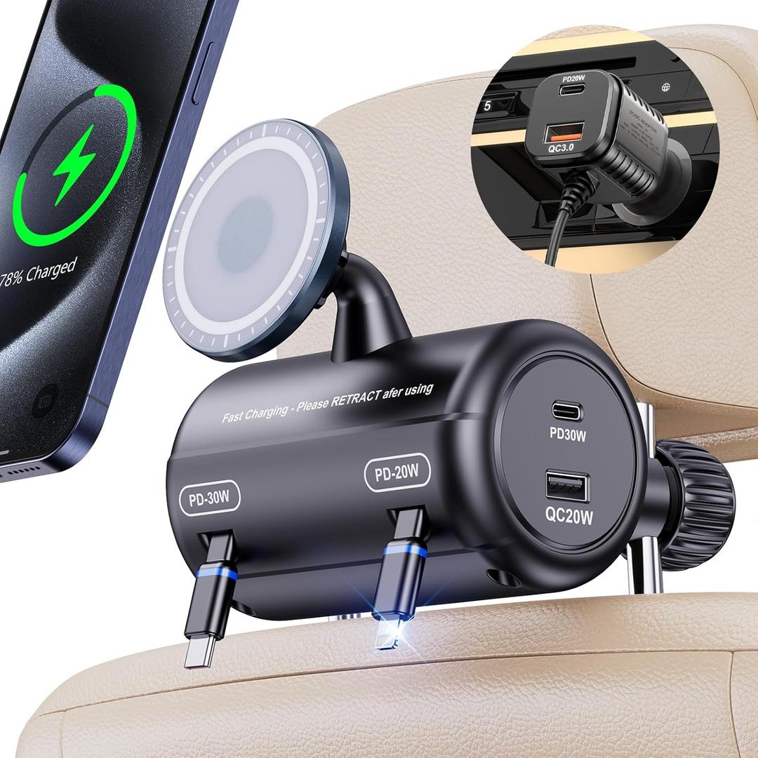Backseat Retractable Car Charger Station,5-in-1 Headrest Charging Box 100W Max with Magsafe Car Mount Holder, 2-Port PD/QC Cigarette Lighter Adapter Ideal for All Phone/Taxi/Uber/Lyft/Driver,Rideshare