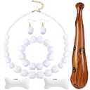 Tondiamo 6 Pcs Halloween Cave Women Costume Accessories Set, White African Beads Acrylic Necklace Earrings Bracelet Jewelry Set, Bone Hair Clips and Inflatable Wooden Stick for Cosplay Party