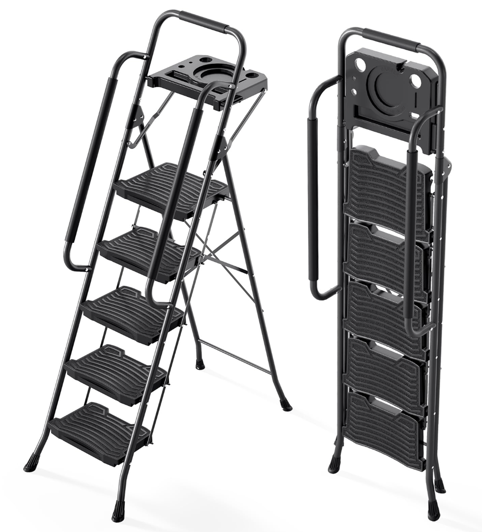 5 Step Ladder with Tool 5-step tool tray and handrail, Black