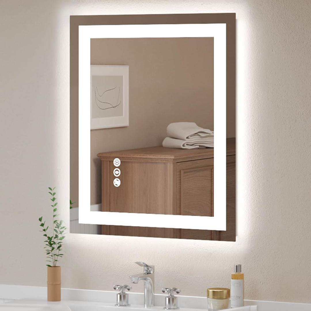USHOWER LED Bathroom Mirror 24x36 Inch Tempered Glass - Frameless LED Backlit Lighted Mirror for Bathroom Vanity with Anti-Fog, 3 Colors Dimmable, Memory Function, Wall-Mounted