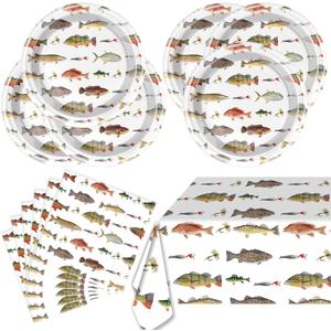JU XIN Gone Fishing Birthday Party Tableware 20 Fishing Plates and 20 Fishing Napkins and 1 Fishing Tablecloth, Gone Fishing Theme Birthday Party Decoration