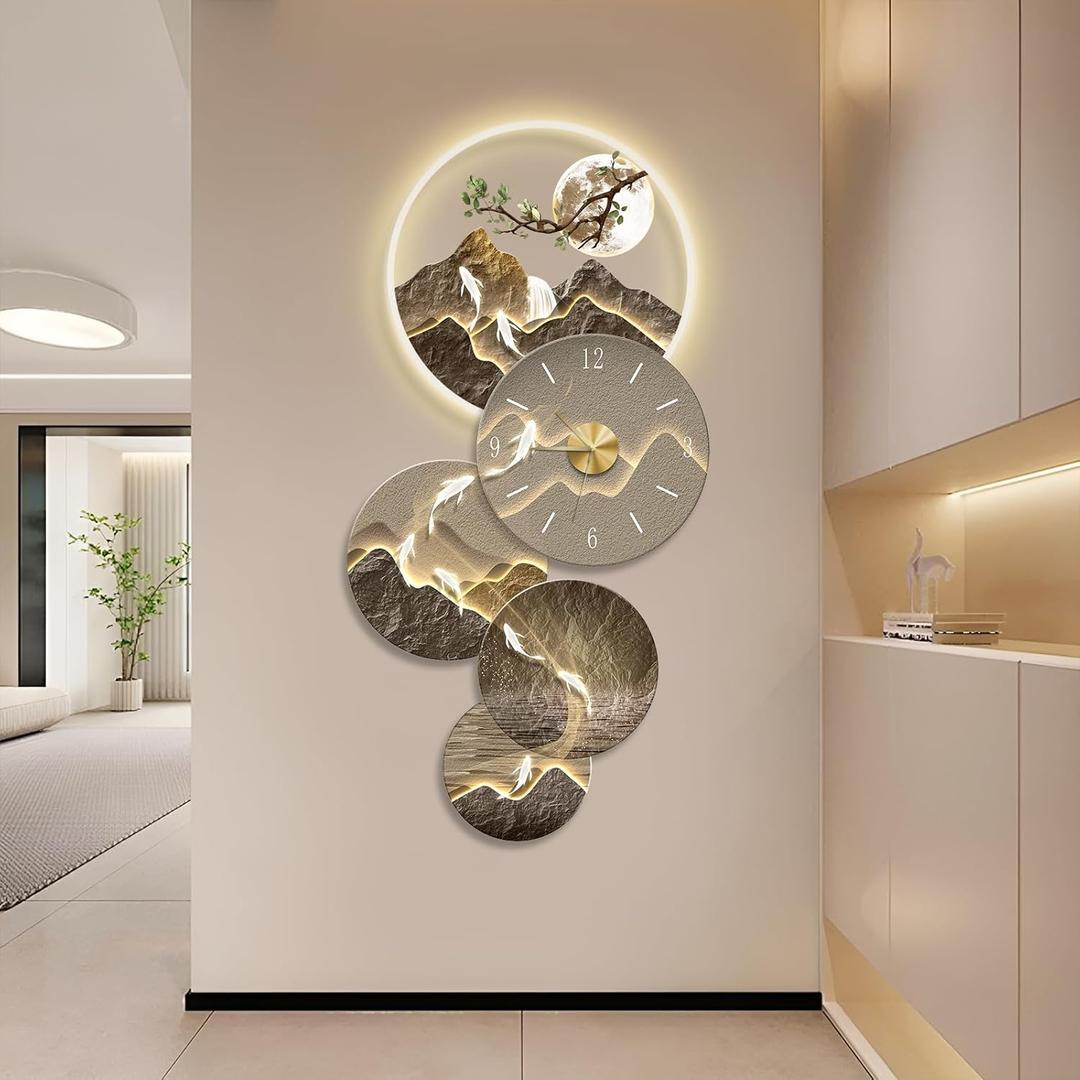 QXSXKJ 3D Wall Art Decor Led, Large Metal Wall Art with Lights, Remote Control Modern Hang Sculpture with Clock, Home Hanging Decor for Living Room, Bedroom, Office, Corridor, Entrance