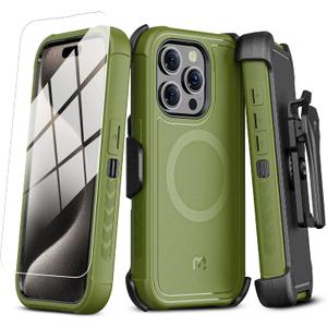 M MYBAT PRO Maverick Series iPhone 15 Pro Max Case with Belt Clip Holster,[Compatible with Magsafe]w/Screen Protector ,Anti-Drop,Shockproof,with 360Rotating Kickstand,Heavy Duty Protection Army Green