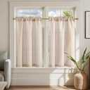 jinchan Linen Kitchen Curtains 36 Inch Length Striped Tier Curtains Ticking Stripe Small Drapes for Living Room Bathroom Cafe Small Window Farmhouse Rustic Pinstripe Rod Pocket 2 Panels Tan