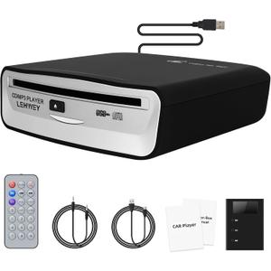Lehwey USB CD Player for Car, External Car Cd Players with AUX & FM Transmitter, Portable CD Player for Cars Without CD Drive, Anti-Skip, Remote Control, Works with Most Cars, SUVs, Trucks