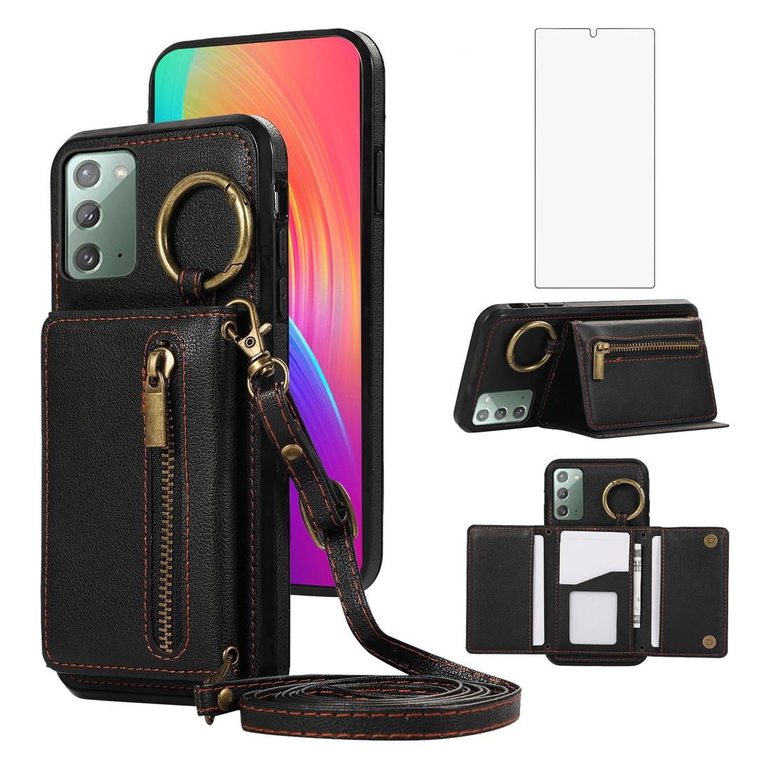 Compatible with Samsung Galaxy Note 20 5G Wallet Case with Screen Protector Crossbody Shoulder Strap Ring Buckle Stand Card Holder Phone Cover for Note20 Notes 20s Twenty Not S20 Women Men Black