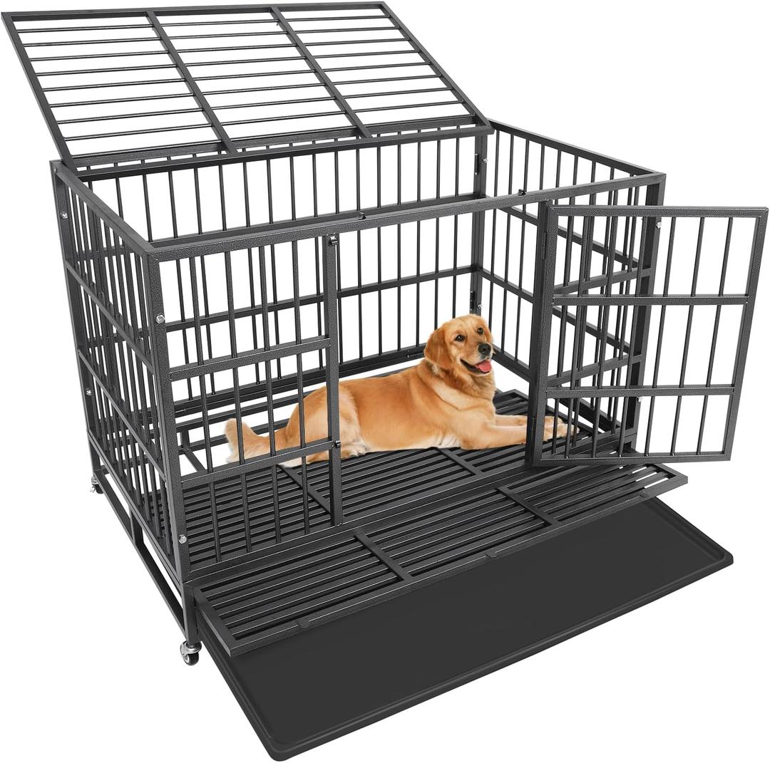 47 Inch Heavy Duty Dog Crates, Dog Kennel for Meduim Dogs, Indestructible Dog Crate with Double Door and Removable Tray Pan (47" L X 30" W X 35" H)